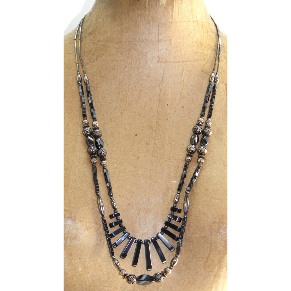 Vintage Western Liquid Silver Plate Hematite Bead Waterfall Bib Necklace
